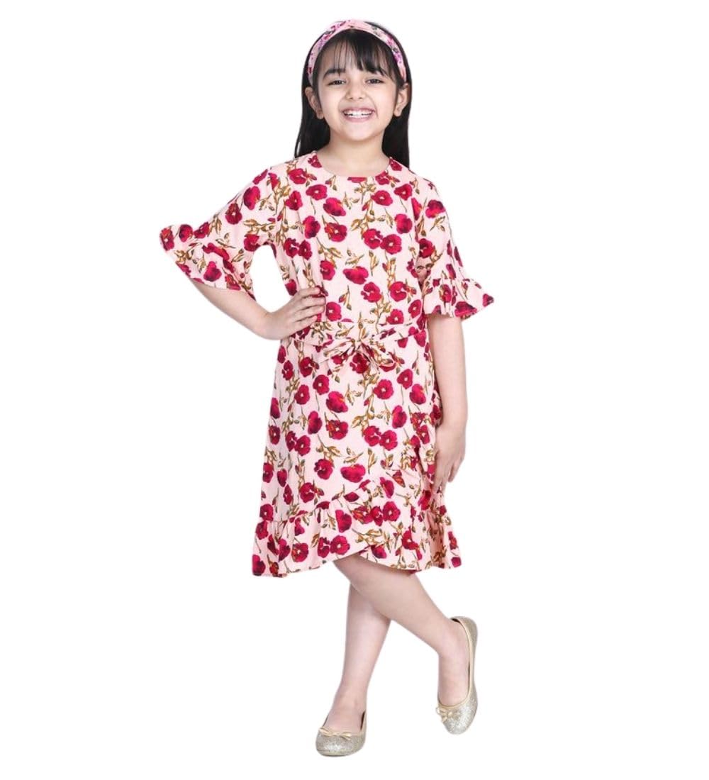 Girl's Polyester Crepe Floral Bell Sleeve Dress (Red-Pink, 5-6-Yrs)-PID66029