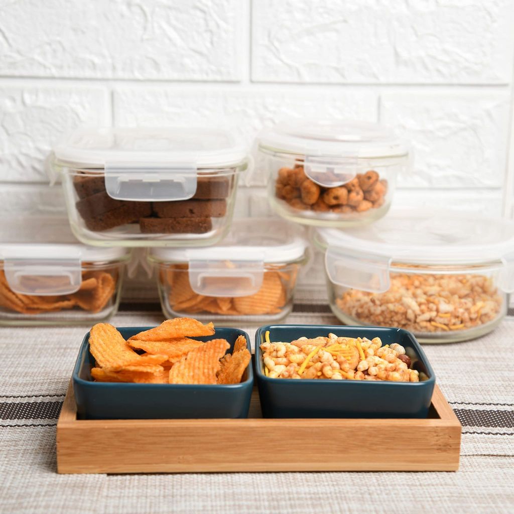 Femora Green Glossy Ceramic Bowls and Rectangular Serving Tray, 9 Units in Bundles, (Set of 6 Bowl, 3 Pcs Tray)