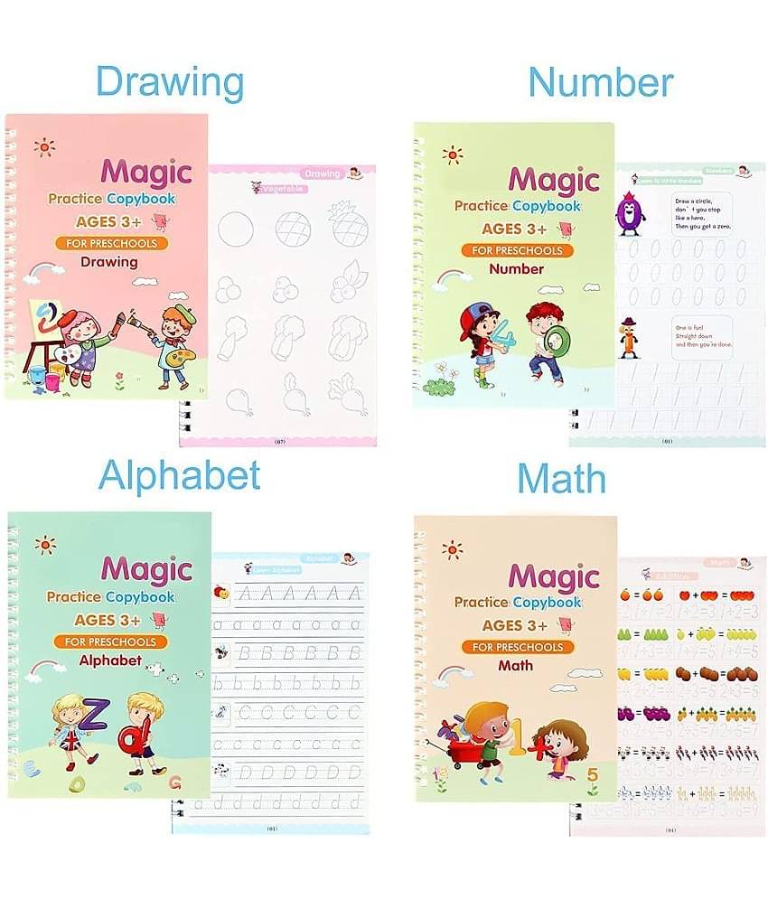 Sank Magic Practice Copybook, Number Tracing Book For Preschoolers With Pen, Magic Calligraphy Copybook Set Practical Reusable Writing Tool Simple Hand Lettering (4 Books + 1 Pen + 5 Refill)