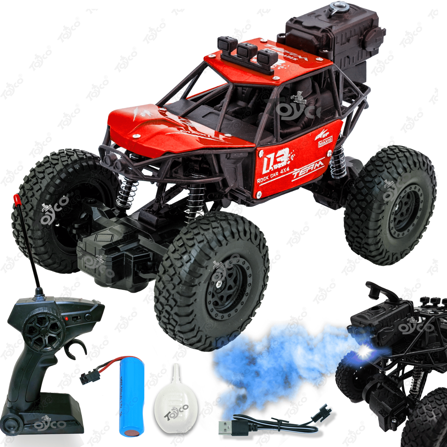 TOYCO 1:18 Alloy Rock Crawler - Rechargeable RC Car with Water Spray System, LED Smoke Effect & Anti-Slip Tires | Off-Road Toy Truck/Car Gift for Boys Age 4+, RED