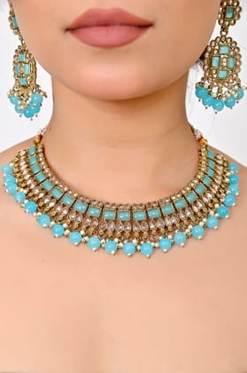 Turquoise Sky Blue Kundan Necklace Set with Chandelier Earrings and Maang Tikka-20cm / Blue / 1 gram gold plating on durable brass base with 3-month warranty coverage