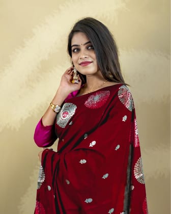 Maroon Banarasi Brocade Raw Mango Silk Saree