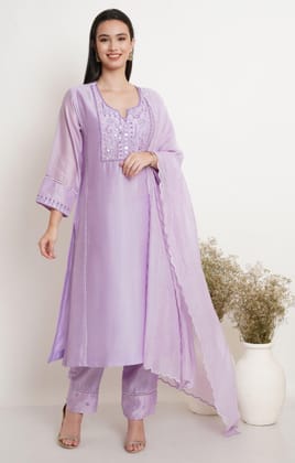 Mauve Tonal Embroidery Kurta Set-XS