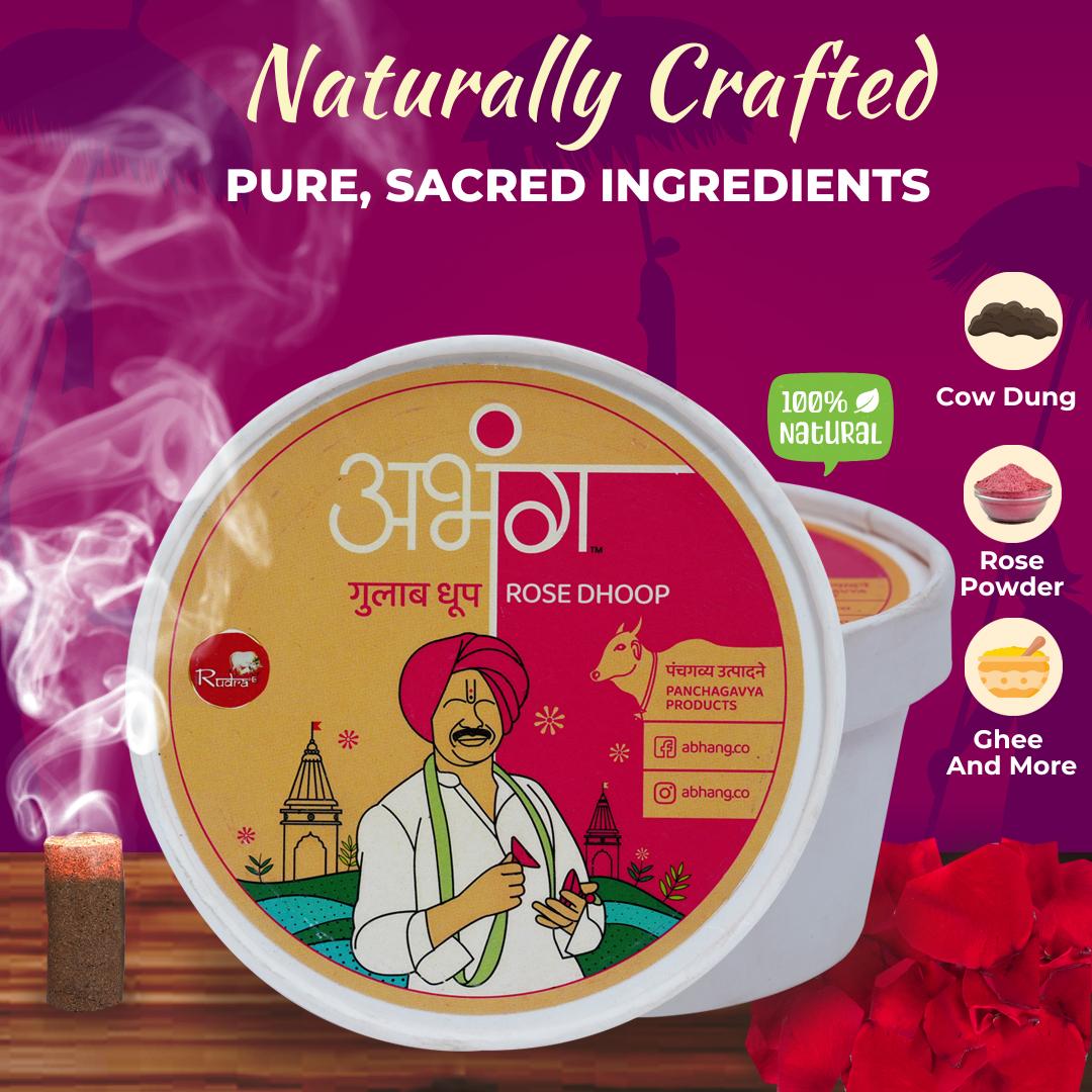 ABHANG Rose Dhoop Stick, Charcoal Free, Long Lasting Natural Fragrance, Made By Cow Dung, No Artificial Essence, Pack of 20 sticks