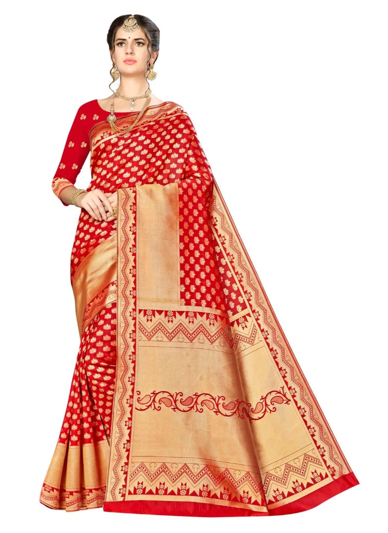 Generic Women's Banarasi Silk Saree with Blouse (Red, 5-6 Mtr)
