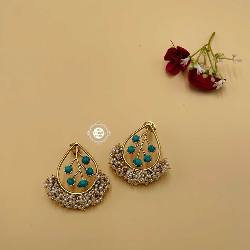 Dilkash Leaf Earring In Gold Tone-Turquoise (Sky Blue)