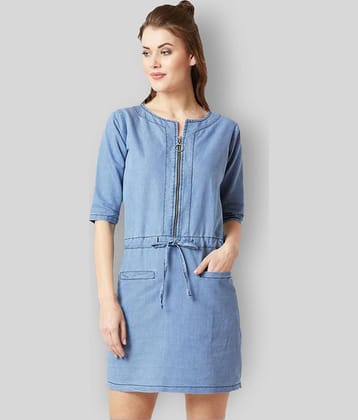 Miss Chase Women Cotton Solid Shift Dress ( Blue )
