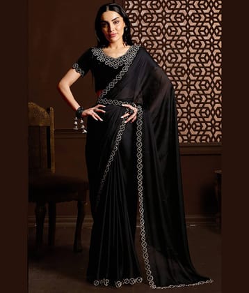 BLEESBURY Satin Embellished Saree With Unstitched Blouse Piece ( Black )