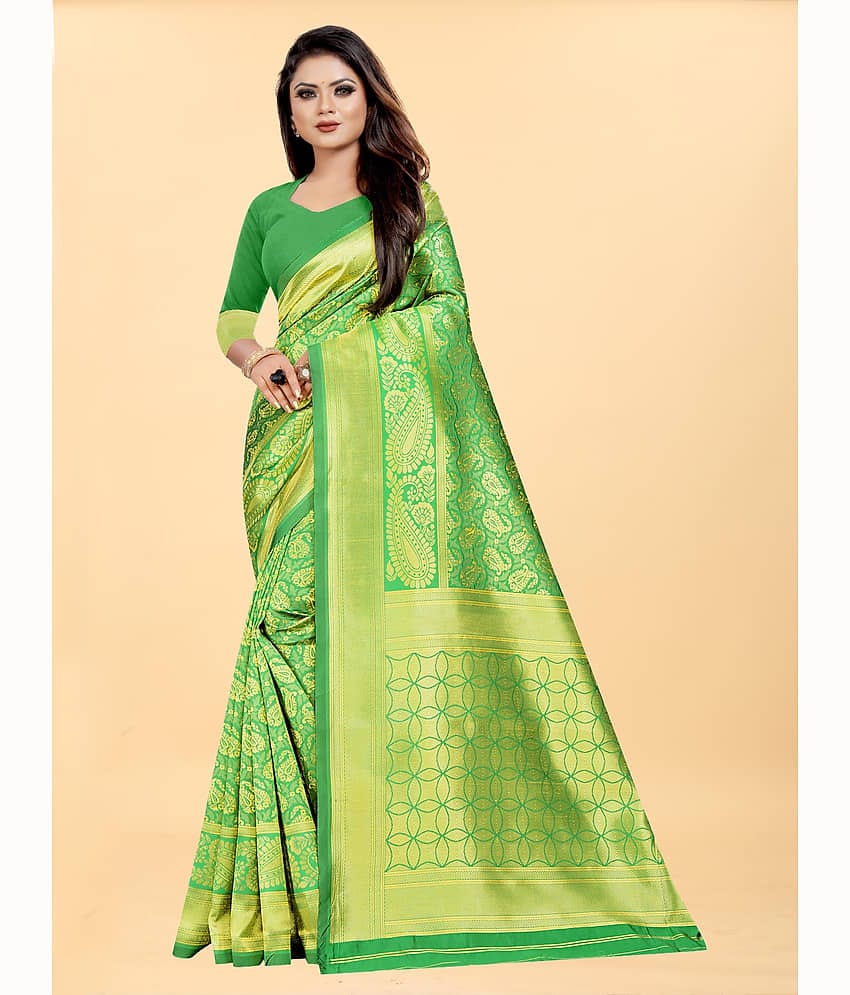 Gazal Fashions Banarasi Silk Embroidered Saree With Unstitched Blouse Piece ( Green )