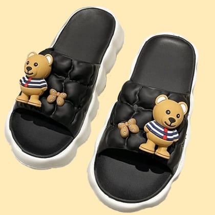 Black Teddy Bear Puffed Flip Flops-39-40