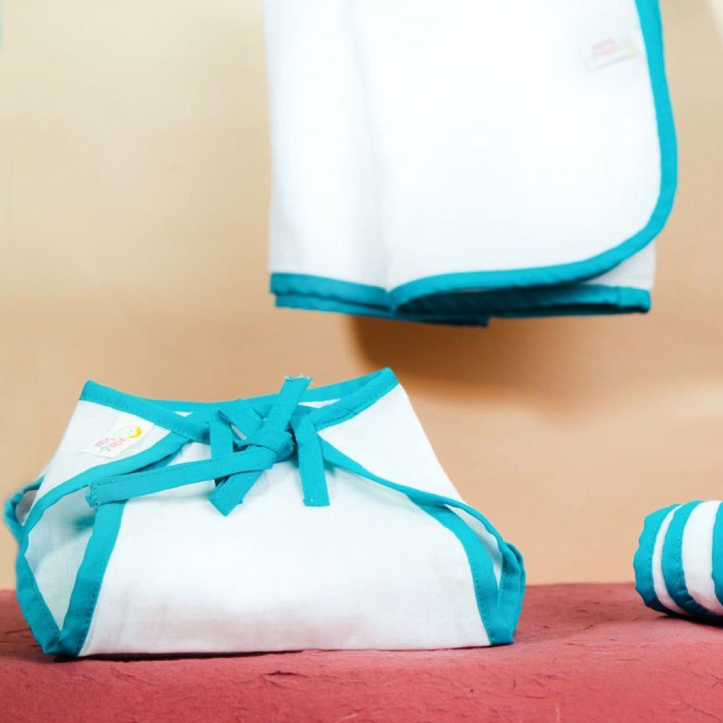 IVEI GIFTS SETS for NEWBORNS - 3 Nappies, 3 Napkins, and 1 Towel - PURE SOFT DHOTI COTTON - Blue