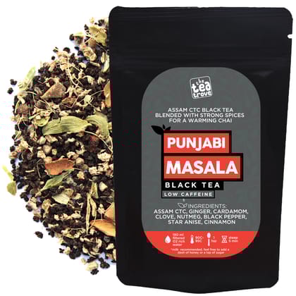 The Tea Trove Punjabi Black Masala Chai Tea Loose Leaf, Ginger, Cardamom, Clove, Nutmeg, Black Pepper, Star Anise, Cinnamon for Rich and flavorful Hot Indian Tea or Iced Masala Tea- (100gms,50 Cups)