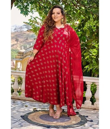 PrettyPlus by Desinoor.com Rayon Printed Anarkali Women's Kurti with Dupatta - Maroon ( Pack of 1 )