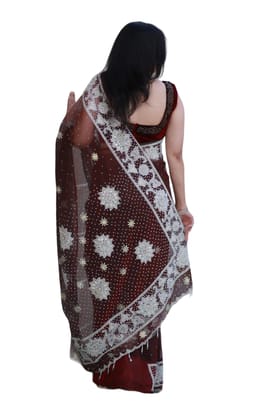 Exquisite Handmade Net Saree with Blouse Piece - Embellished with Pearls, Colorful Stones & Jher - Perfect for Festive Occasions