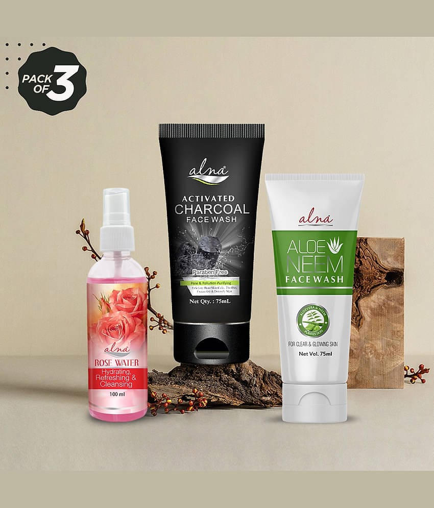 Alna Rose Water 100ml with Charcoal Face Wash 75ml & Aloe Neem Face Wash 75ml , Pack of 3
