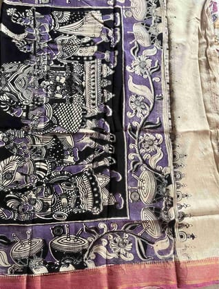 Kalamkari Silk Saree in Off White with Mythological Floral Motifs
