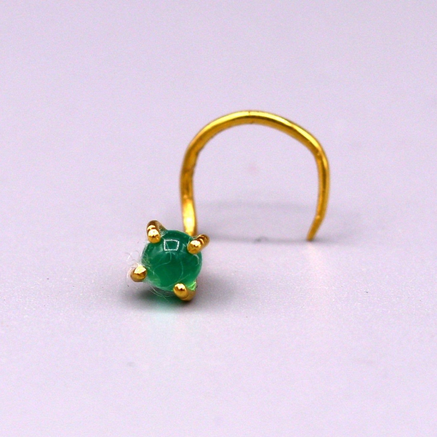 22 karat gold handmade fabulous nose pin single green stone women's jewelry