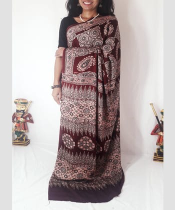 Beige maroon ajrakh modal silk saree