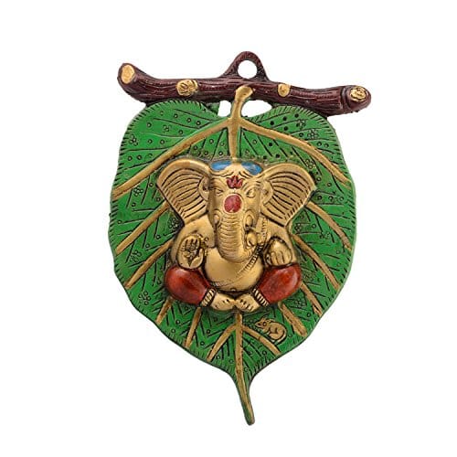 Metal Golden Lord Ganesha in Red Dhoti On Green Leaf Ganesha Wall Hanging | Decorative Showpiece for Wall Decor |