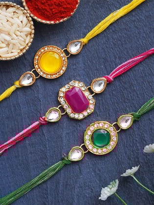 Set of 3 Pink, Green, and Yellow Kundan Diamond Designer Rakhis for Brother, Bhabhi, Kids with Roli Chawal Pack