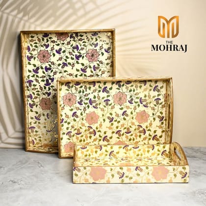 The Mohraj Beautiful Floral MDF Trays with Curved Handles and Gold Foil Finish Set of 3  