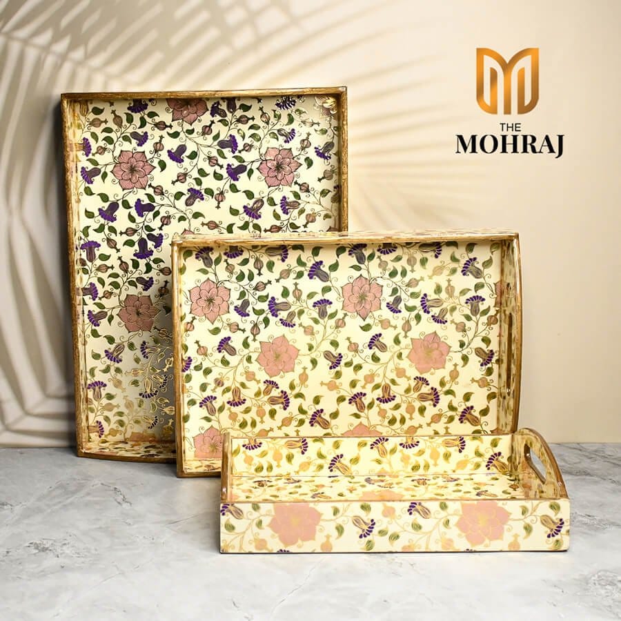 The Mohraj Beautiful Floral MDF Trays with Curved Handles and Gold Foil Finish Set of 3