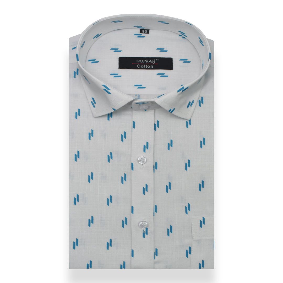 White Sky Blue Double Rectangle Printed Cotton Shirt For Men's-M (38 Inch) (98 CM) / Full