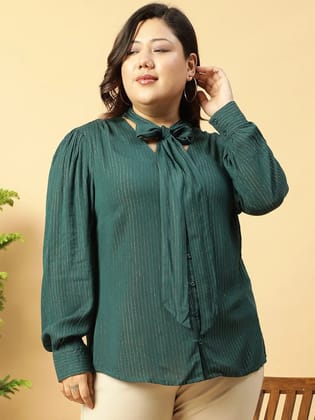 Green Lurex rayon solid V- Neck With Tie-knot Belt Long Sleeve Plus Size Women Top-2XL