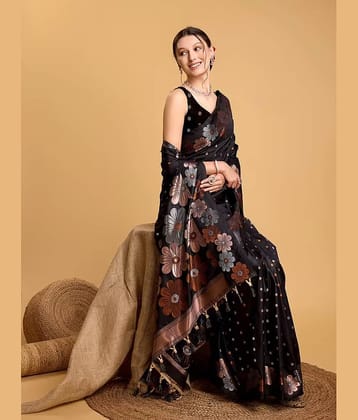 Sitanjali Lifestyle Jacquard Self Design Saree With Unstitched Blouse Piece ( Black )