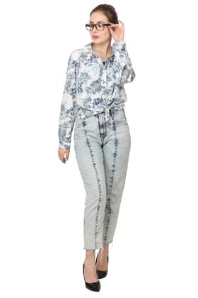 Blue & White Floral Printed Shirt-L / Blue