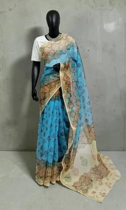 Handwoven Kota Doria Saree in Blue with Block-Printed Border Handwoven Kota Doria Saree in Blue with Block-Printed Border