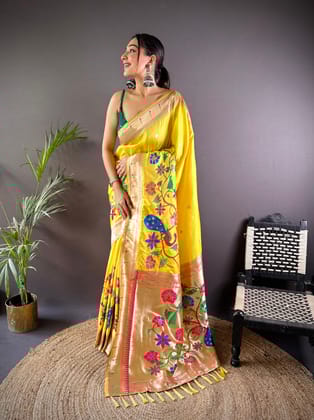 Yellow Soft Silk Motifs Mina Zari Weaving Paithani Saree