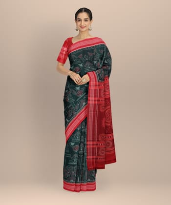 Dark Green Red Cotton Handloom Sambalpuri Saree