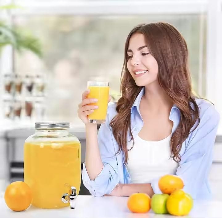 Glass Iced Drink Dispensers with Spout and Tap Steel Lid, Cold Beverage Dispenser for Beer, Water,Cocktails, and More,Airtight Beverage Jar for Home Kitchen,Weddings,Restaurants (4 Littre,Transparent)