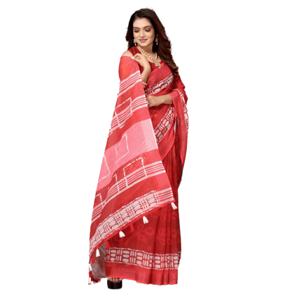 TheHangr Women's Linen Red Leaf Print Saree With White Boarder And Pallu TheHangr Women's Linen Red Leaf Print Saree With White Boarder And Pallu