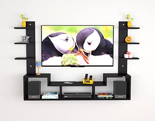 DAS Konrad Max Engineered Wood Wall Mount TV Unit with Wall Shelves Black Finish- for Up to 55" Screen