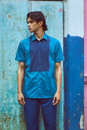 HALF SLEEVE PINTUCK BIB SHIRT-XS / Teal