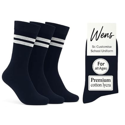 Wens Strips School Socks for Girls, Boys, Kids & Men of All Ages (Pack of 3) | Heavy Elastic, Streachable & Comfortable Fit | Calf Length Uniform Socks | Anti Odour | Unisex  Navy Blue with WHITE Stripes