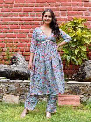 Alia Cut Blue Floral Kurta Set-S