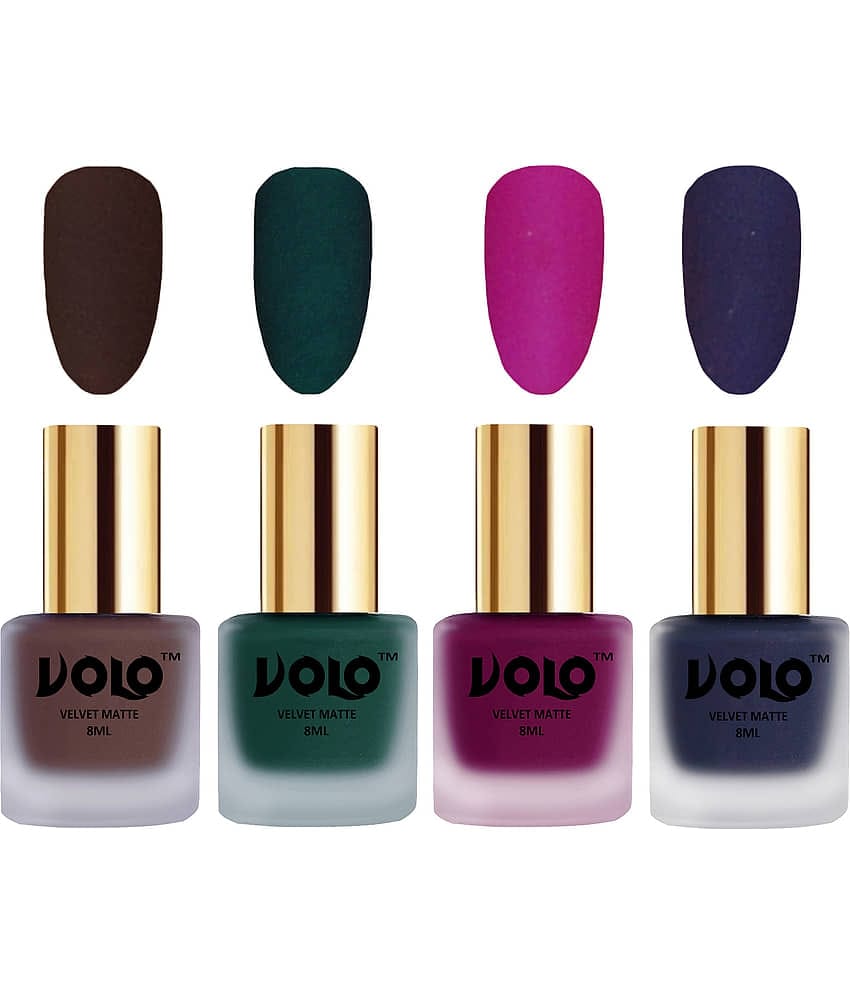 VOLO Velvet Dull Matte Posh Shades Nail Polish Brown,Green,Magenta, Blue Pack of 4 32 mL