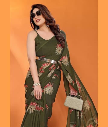 Gazal Fashions Georgette Printed Saree With Unstitched Blouse Piece ( Black )