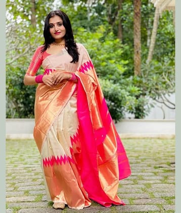 fab woven Art Silk Woven Kanjeevaram Sarees With Unstitched Blouse Piece ( White )