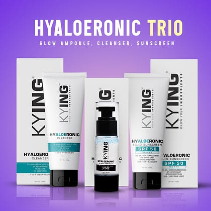 KYING Hyaloeronic Skincare Trio : Face Cleanser 100ml, Fluid Sunscreen SPF50 100ml, Face Serum 30ml