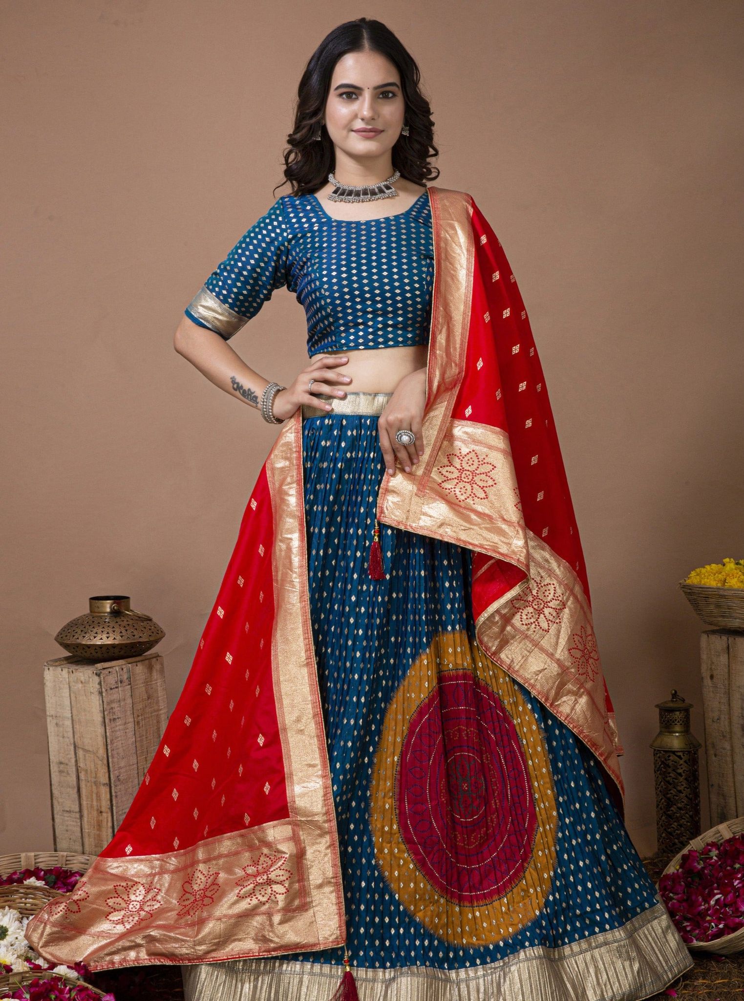 Navy Blue Banarasi Semi-Stitched Lehenga Choli