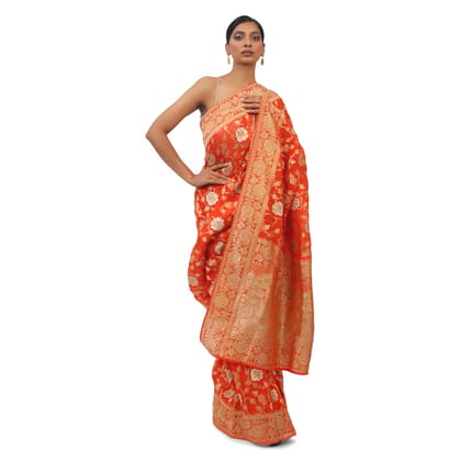 TheHangr Orange Soft Georgette Designer Saree With Golden Work