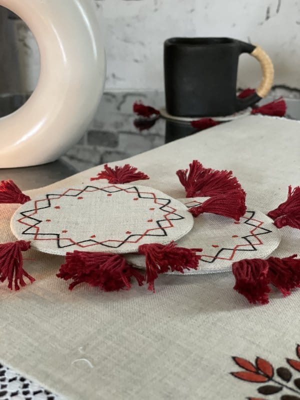 KRI India Melange Set of 4 Grey & Red Tassel Coasters | 4 inches | Wash & Care | 100% Cotton | Handcrafted in India. 100% organic & natural.