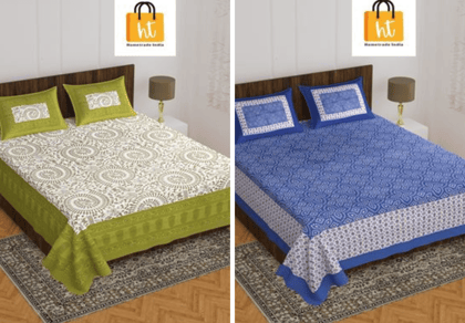 2201-Hometrade India- Standard Double Size (90*100 in )-Combo Jaipuri Double bedsheet With Matching Pillow Cover