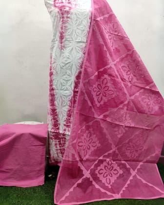 Applique Cotton Shibori Dyed Lucid White & Rose Pink Suit