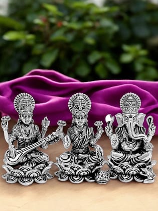 Pure Silver Laxmiji Ganeshji Saraswatiji Idol-62 gm
