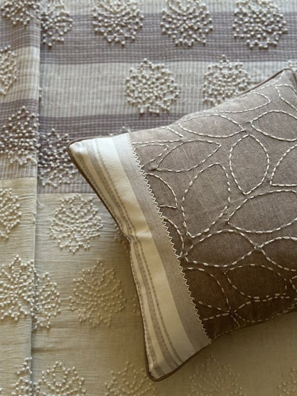 KRI India The Minimalist Hazel Leaf Hand Embroidered Cushion cover | Ivory & Light brown  | 16x16 inches | Wash & Care | 100% Cotton | Handcrafted in India. 100% organic & natural.